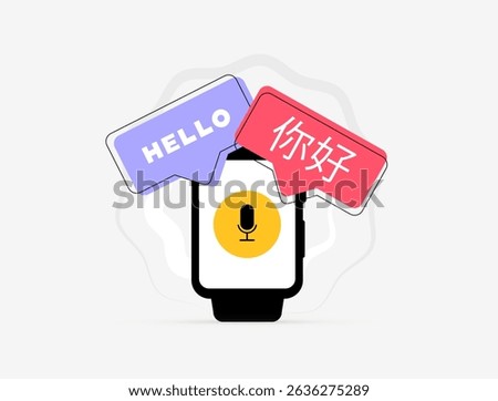 Smartwatch translation app enabling real-time voice and text conversion, breaking language barriers between English and Chinese word hello. Powered by AI technology. Flat outline vector illustration