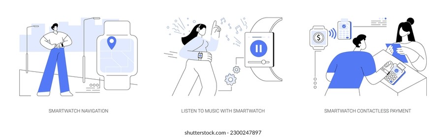 Smartwatch use abstract concept vector illustration set. Built-in gps, navigation app, person listen to music, gadget with wireless connection, making contactless payment with watch abstract metaphor.