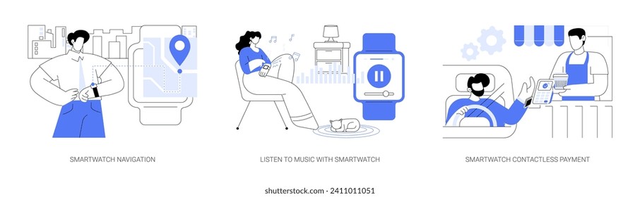 Smartwatch use isolated cartoon vector illustrations set. Built-in gps, navigation app, person listen to music, gadget with wireless connection, making contactless payment with watch vector cartoon.