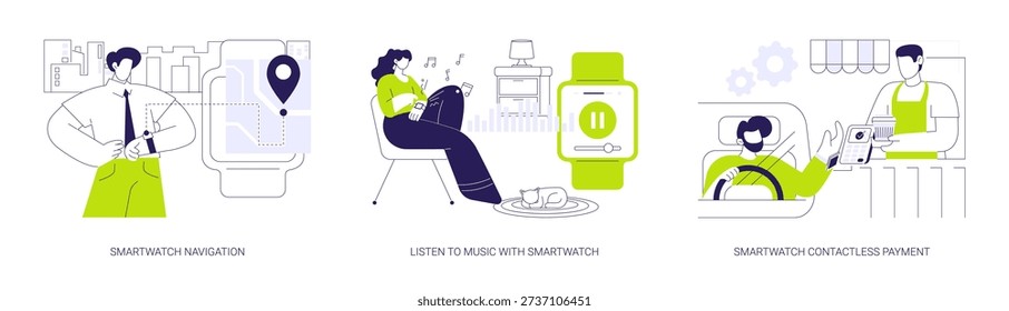 Smartwatch use isolated cartoon vector illustrations set. Built-in gps, navigation app, person listen to music, gadget with wireless connection, making contactless payment with watch vector cartoon.
