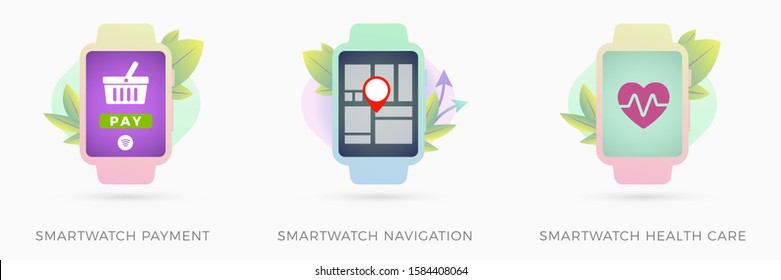 Smartwatch vector collection set with different smart watch function. Healthcare - for those who care about health - pulse, pressure, calories burned, contactless payment and navigation map