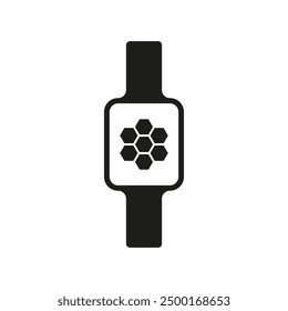 Smartwatch vector icon. Hexagonal pattern detail. Black simple design. Wearable tech.