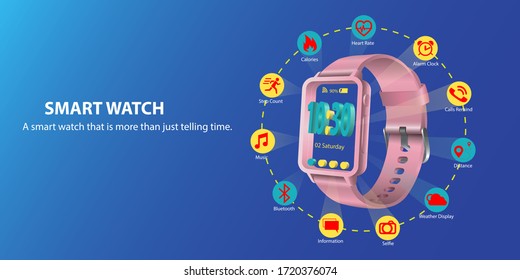 A smartwatch is a watch that is more than just telling time. Along with various functions Of smartwatch, vector, isolate on blue background. Illustration.