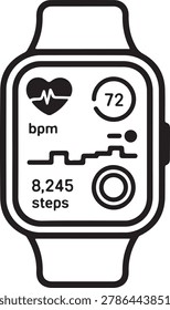 Smartwatch wearable device featuring a digital screen with activity tracking metrics for health monitoring in a clean vector illustration format