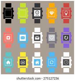 Smartwatch wearable technology symbol with different icons. Flat design style modern vector illustration concept of smartwatch gadget, clock time, Diamond, Map Pin Location etc icon and empty window