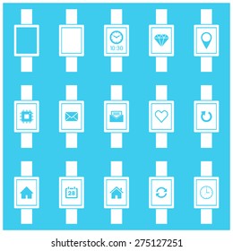 Smartwatch wearable technology symbol with different icons. Flat design style modern vector illustration concept of smartwatch gadget, clock time, Diamond, Map Pin Location etc icon and empty window