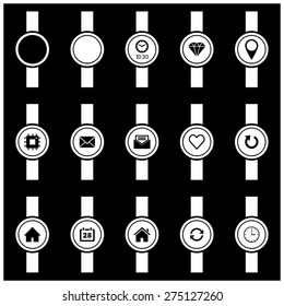 Smartwatch wearable technology symbol with different icons. Flat design style modern vector illustration concept of smartwatch gadget, clock time, Diamond, Map Pin Location etc icon and empty window