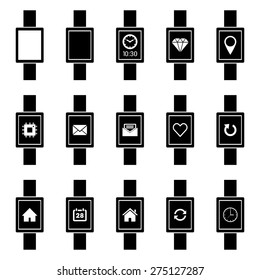 Smartwatch wearable technology symbol with different icons. Flat design style modern vector illustration concept of smartwatch gadget, clock time, Diamond, Map Pin Location etc icon and empty window