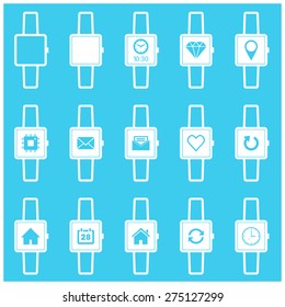 Smartwatch wearable technology symbol with different icons. Flat design style modern vector illustration concept of smartwatch gadget, clock time, Diamond, Map Pin Location etc icon and empty window