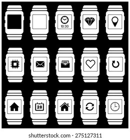 Smartwatch wearable technology symbol with different icons. Flat design style modern vector illustration concept of smartwatch gadget, clock time, Diamond, Map Pin Location etc icon and empty window