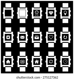 Smartwatch wearable technology symbol with different icons. Flat design style modern vector illustration concept of smartwatch gadget, clock time, Diamond, Map Pin Location etc icon and empty window