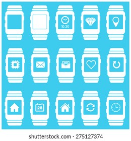 Smartwatch wearable technology symbol with different icons. Flat design style modern vector illustration concept of smartwatch gadget, clock time, Diamond, Map Pin Location etc icon and empty window