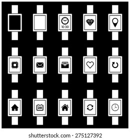 Smartwatch wearable technology symbol with different icons. Flat design style modern vector illustration concept of smartwatch gadget, clock time, Diamond, Map Pin Location etc icon and empty window