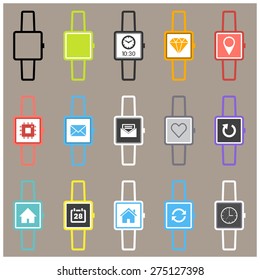 Smartwatch wearable technology symbol with different icons. Flat design style modern vector illustration concept of smartwatch gadget, clock time, Diamond, Map Pin Location etc icon and empty window