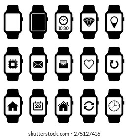 Smartwatch wearable technology symbol with different icons. Flat design style modern vector illustration concept of smartwatch gadget, clock time, Diamond, Map Pin Location etc icon and empty window