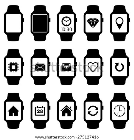 Smartwatch wearable technology symbol with different icons. Flat design style modern vector illustration concept of smartwatch gadget, clock time, Diamond, Map Pin Location etc icon and empty window