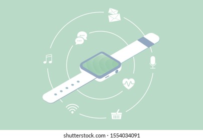 Smartwatch wearable wireless fitness gadget. Isometric IOT smartwatch screen and other technology functions vector icons around isolated on light background