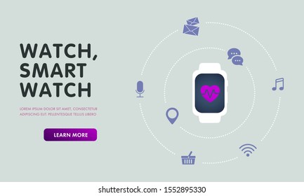 Smartwatch - wearables computer in the wristwatch form. Wireless fitness IOT gadget with touchscreen interface. Vector UI, UX web design template for landing page isolated on light background