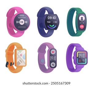 Smartwatches. Different fitness trackers for active people smart devices ui templates exact vector illustrations in cartoon style