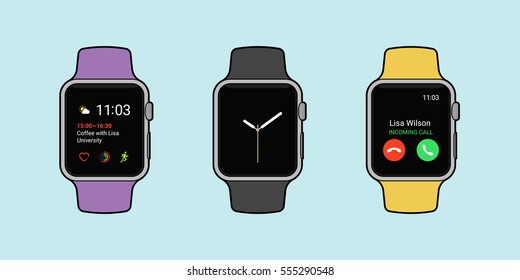 Smartwatches displaying various information in three different color whit outline. Modern flat vector illustration.