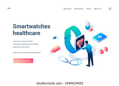 Smartwatches healthcare. Isometric landing page template. Tiny male character standing in front of huge smart watches. Health care application. Health tracker app wristwatch