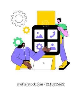 Smartwatches mobile apps development abstract concept vector illustration. Wearable devices software, application dev team, app technical requirement, cross-platform interaction abstract metaphor.