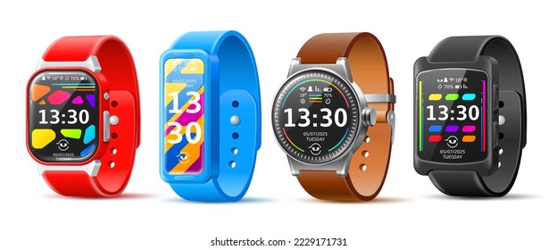 Smartwatches set. Realistic electronic sportbands angle view, wearable wrist accessories, multifunctional gadgets, display screen, healthcare objects, 3d isolated elements, utter vector set