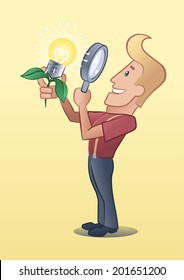 Smarty Blond Guy. Happy inventor close looking fresh lightbulb-fruit through magnifying glass. Metaphoric illustration on the subject of finding an ideas