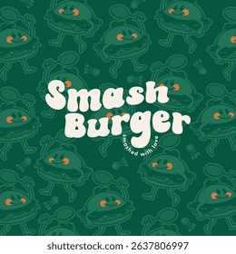 Smash Burger Mascot Playing Badminton Retro Food Logo and pattern