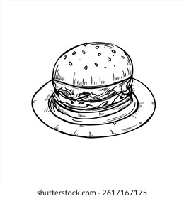 Esmagamento hambúrguer servido em placa de papel redondo vetor linha arte tinta preta esboço. tradicional americano caseiro saudável churrasco sanduíche de carne com sementes de gergelim para menus de restaurante, família conceitos de fim de semana