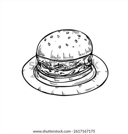 Smash burger served on round paper plate vector line art black ink sketch. traditional American homemade healthy BBQ beef sandwich with sesame seeds for restaurant menus, family weekend concepts