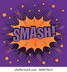 Smash Comic Retro Text. The Illustration Of Hit With Sound Effects, Stars And Purple Halftone Background. Pop-art Style