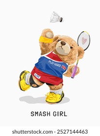 slogan menina esmagamento com boneca de urso feminino jogando badminton vetor ilustração