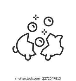 Smash a piggy bank with coins, linear icon. Line with editable stroke