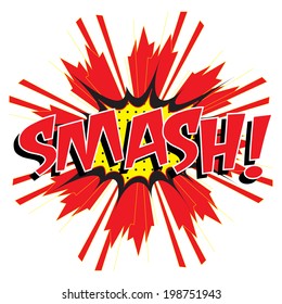 SMASH! wording in comic speech bubble in pop art style on burst background