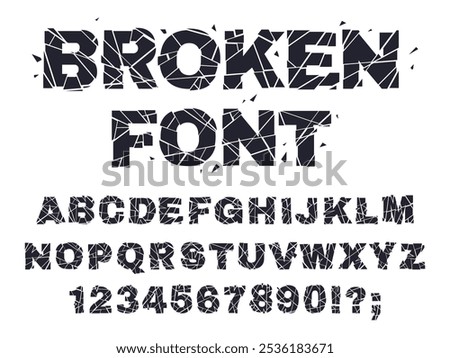Smashed broken font. Glitch broken letters and numbers, cracked alphabet flat vector illustration set. Shattered crushed glass alphabet