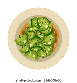 Smashed cucumbers with soy sauce and sesame seeds, Asian cuisine dish, China. Illustration for the menu of restaurants, cafes and chifalny. Flat design, hand drawn cartoon, vector illustration.