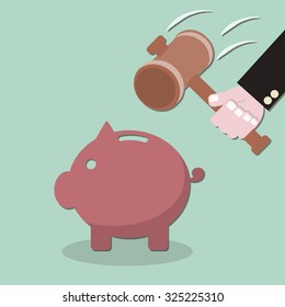 Smashed piggy bank, hand holding a hammer, flat design vector illustration