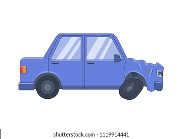 Smashed sedan car with dented front hood. Drive safe, don't drink. Flat vector illustration. Isolated on white background.