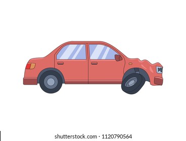 Smashed sedan car with dented front hood. Drive safe, don't drink. Flat vector illustration. Isolated on white background.