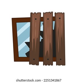 Smashed window closed by wooden boards vector illustration. Cartoon drawing of broken window covered by planks from wood on white background. Damage, safety, security, furniture, protection concept