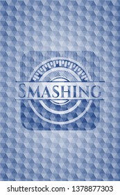 Smashing blue emblem or badge with abstract geometric polygonal pattern background.