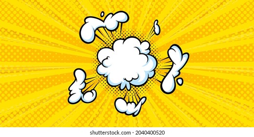 La nube de boom se rompe en medio tono de fondo para ventas y promociones. Plantilla de banner amarillo para sorpresas y eventos reventados. Ilustración vectorial en estilo de arte pop