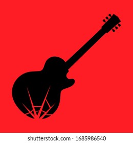 Smashing broken electric guitar symbol on red backdrop. Design element 