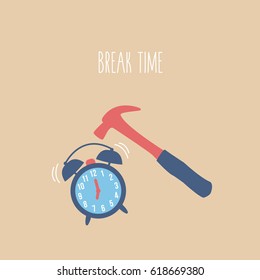 Smashing the timer in monday morning. good morning illustration. time is money & back to school symbol with space & text break time Hammer hit & breaking modern Alarm Clock vector isolated. 