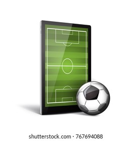 Smatrphone with green field on the screen and soccer ball.