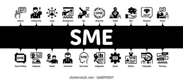 Sme Business Company Minimal Infographic Web Banner Vector. Sme Small And Medium Enterprise, Communication And Education, Badge And Case Illustrations