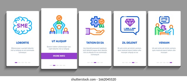 Sme Business Company Onboarding Mobile App Page Screen Vector. Sme Small And Medium Enterprise, Communication And Education, Badge And Case Concept Linear Pictograms. Color Contour Illustrations