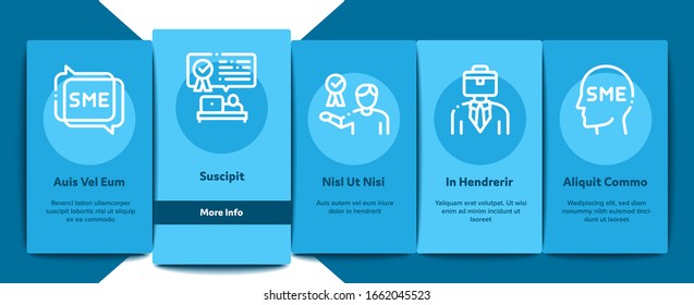 Sme Business Company Onboarding Mobile App Page Screen Vector. Sme Small And Medium Enterprise, Communication And Education, Badge And Case Concept Linear Pictograms. Color Contour Illustrations