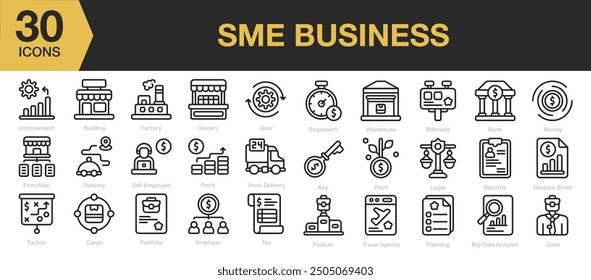 Conjunto de iconos de PYME Business. Incluye edificio, Cartera, impuestos, entrega, caso, cartelera y más. Colección de Vector de iconos de contorno.